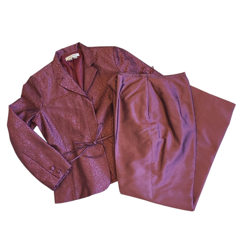 Vtg 90s Kay Unger 2 Piece Suit Burgandy Silk Jacket Embroidery Pants Size 8